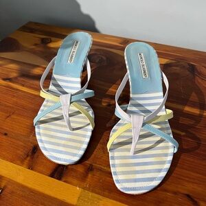 Vintage Manolo Blahnik Pastel Striped Thong Sandals - Light Blue/Yellow
